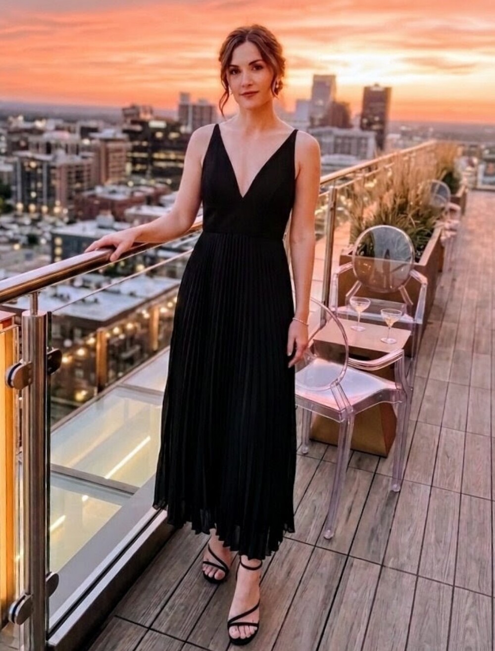 Xscape Black Pleated V-Neck Midi Dress